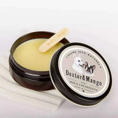 Natural vegan dog balm by Dexter&Mango, made in France; eco-friendly, soothing, and suitable for all breeds.