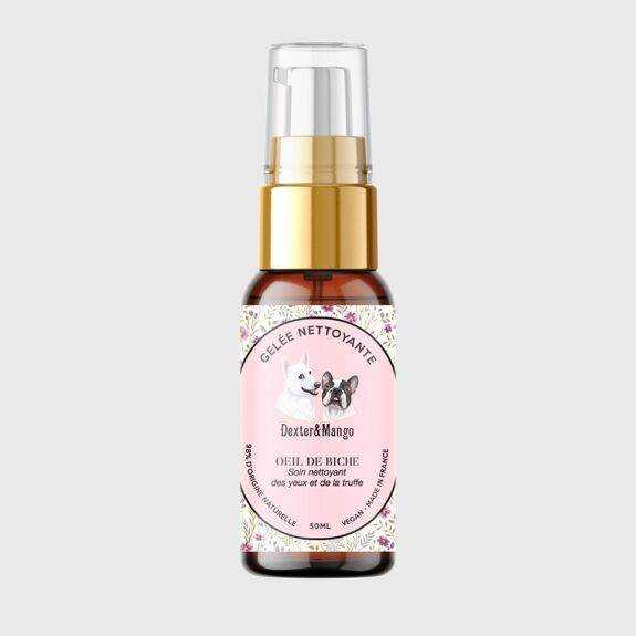 Dog's Eye Cleansing Jelly bottle with a gold pump, vegan and eco-friendly eye care for dogs.