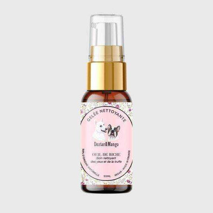 Dog's Eye Cleansing Jelly bottle with a gold pump, vegan and eco-friendly eye care for dogs.