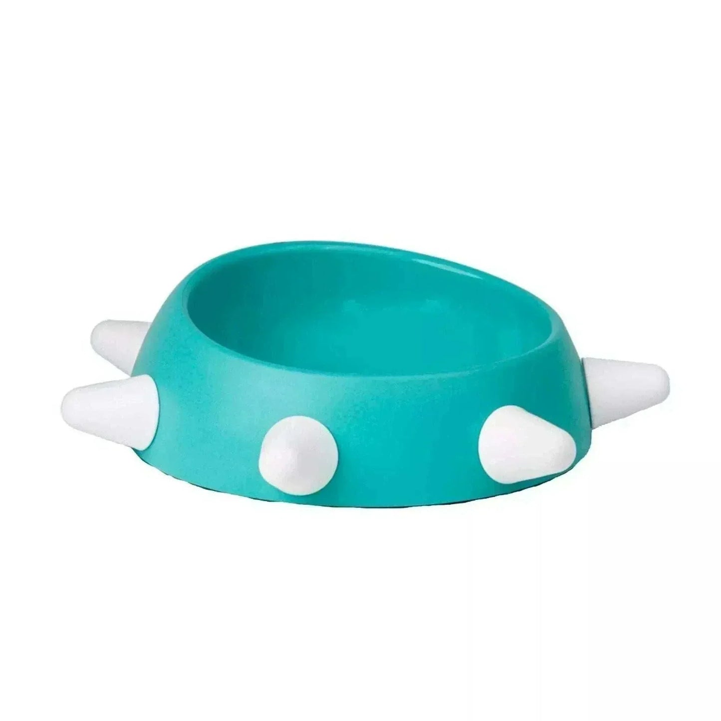 Eco-friendly sloping dog bowl, aquamarine with white studs, 500ml capacity, non-slip, ideal for brachycephalic dogs.