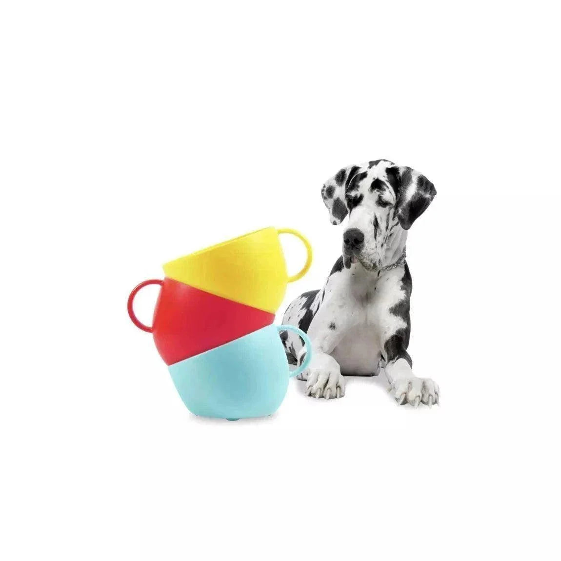 Set of colorful anti-splash dog bowls with aquamarine saucer mat, featuring non-slip rubber feet.